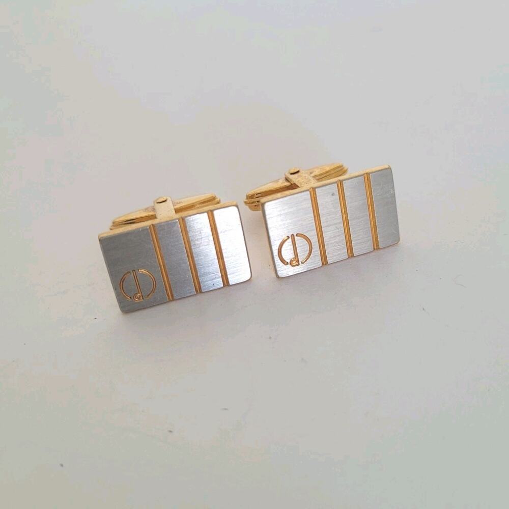 Dunhill D Cufflinks Silver Gold Tone Logo Rectangle Logo Retro Stripped Vintage